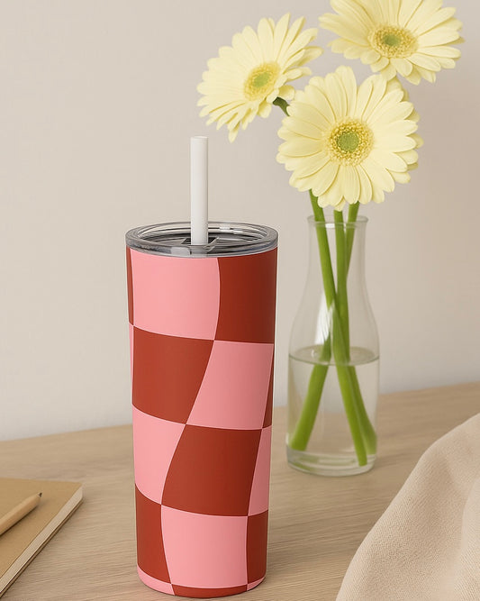 Groovy Checkerboard Tumbler – 20oz Pink & Red Stainless Steel Cup