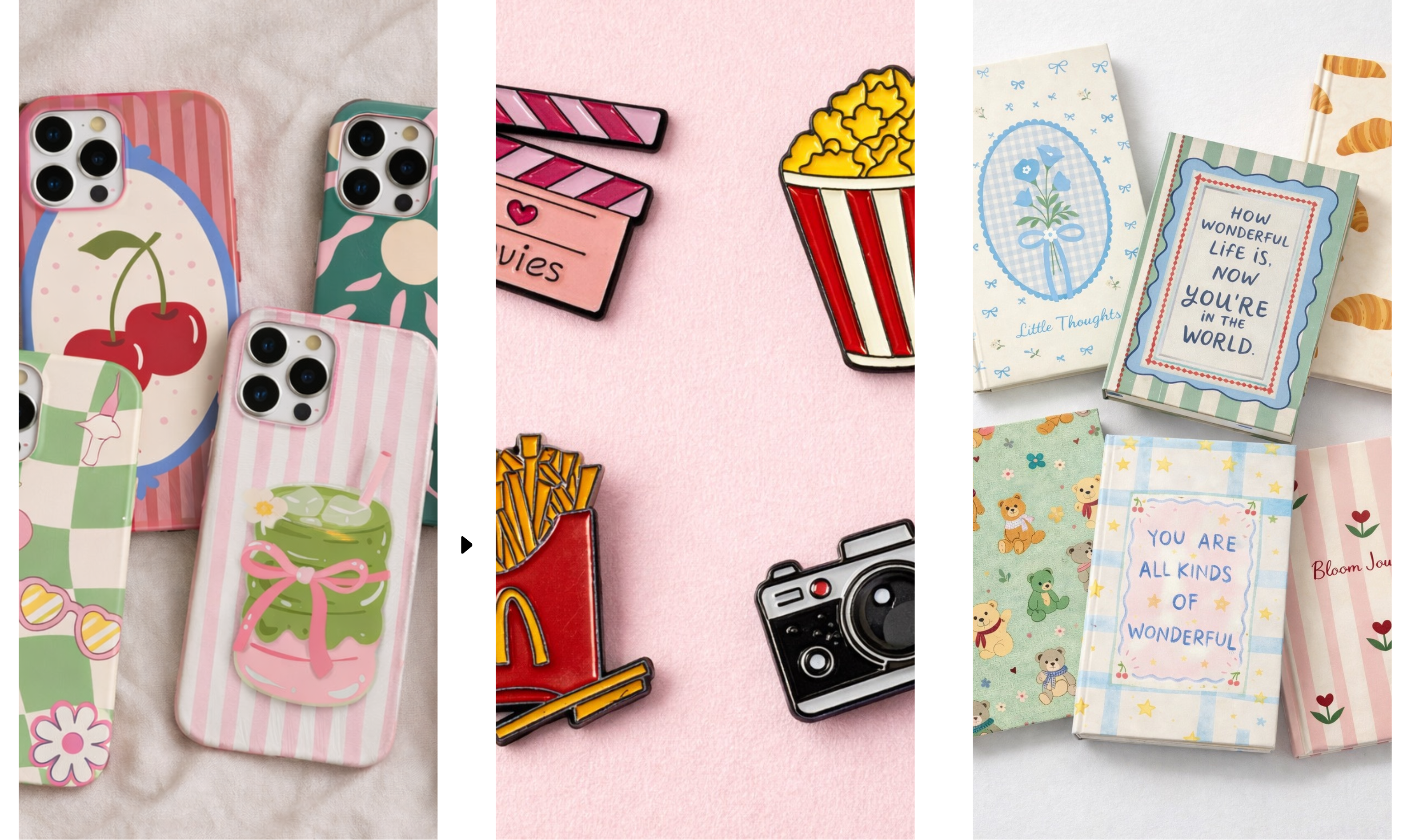 Collection of colorful phone cases and pins on a white background