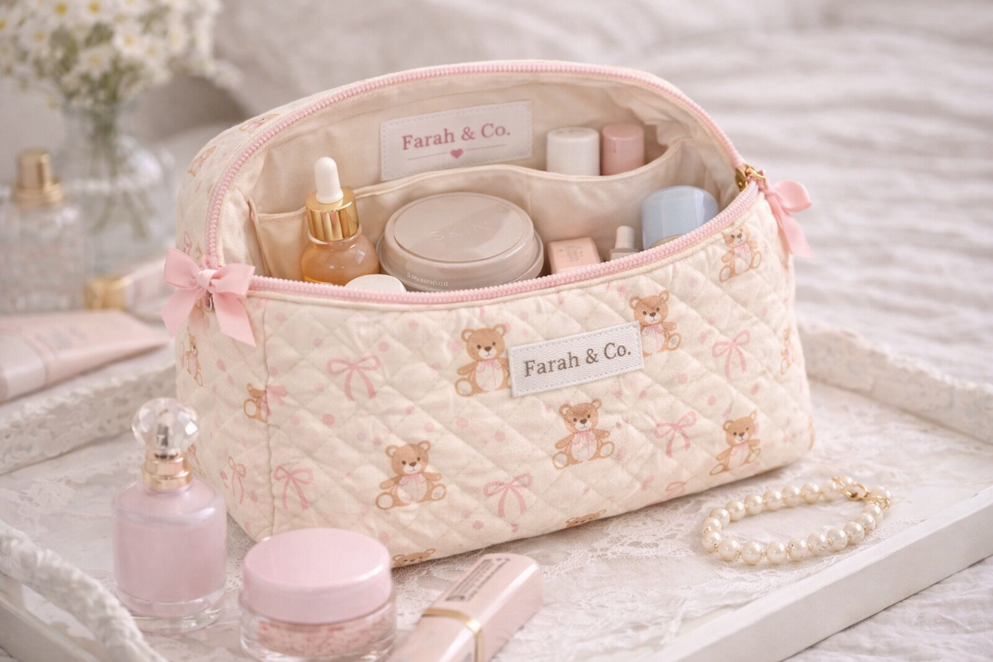 Teddy Love Quilted Makeup Pouch – Cute Toiletry Bag