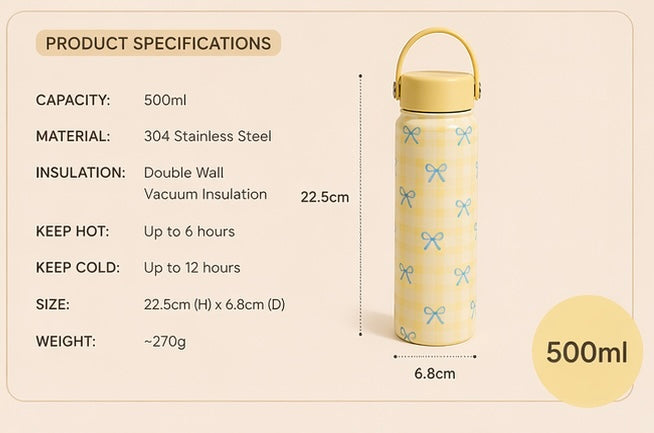 💛Butter Yellow Bow Tumbler – Trendy Aesthetic 500ml Bottle