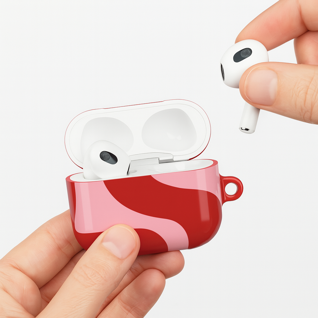 Red and pink swirled AirPod case with white AirPods held by a hand on a white background