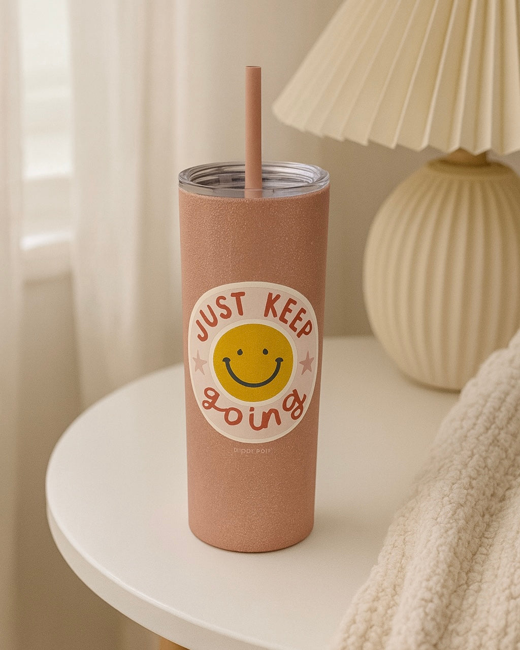 Just Keep Going Tumbler – 20oz Peach Stainless Steel with Smiley Design