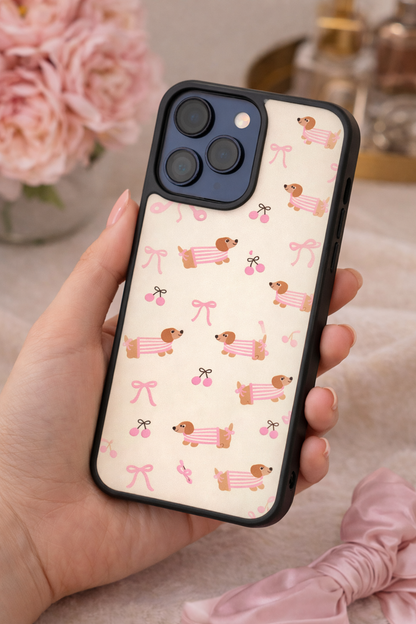 Cute Dachshund Phone Case – Pink Bow Aesthetic Cover