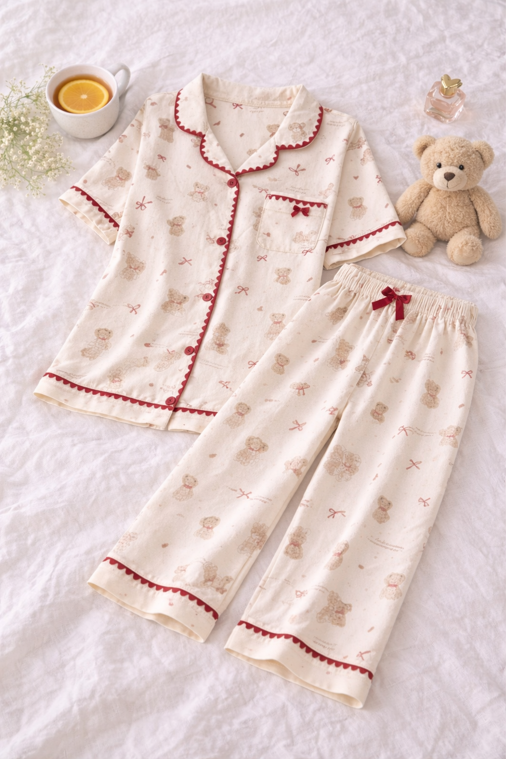 Cozy Teddy Dreams Pajama Set 🧸 | Soft Cream Lounge Wear