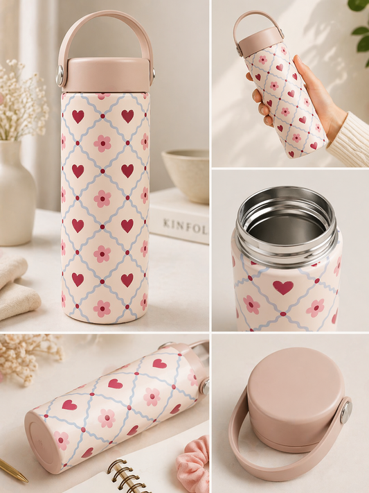 Pastel Hearts Insulated Tumbler Bottle – Aesthetic Daily Flask (500ml)