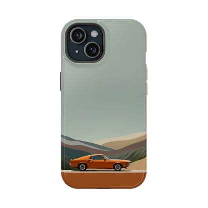 Retro Orange Car Phone Case – Vintage Muscle Car Design with Scenic Mountain Backdrop
