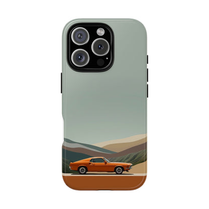 Retro Orange Car Phone Case – Vintage Muscle Car Design with Scenic Mountain Backdrop