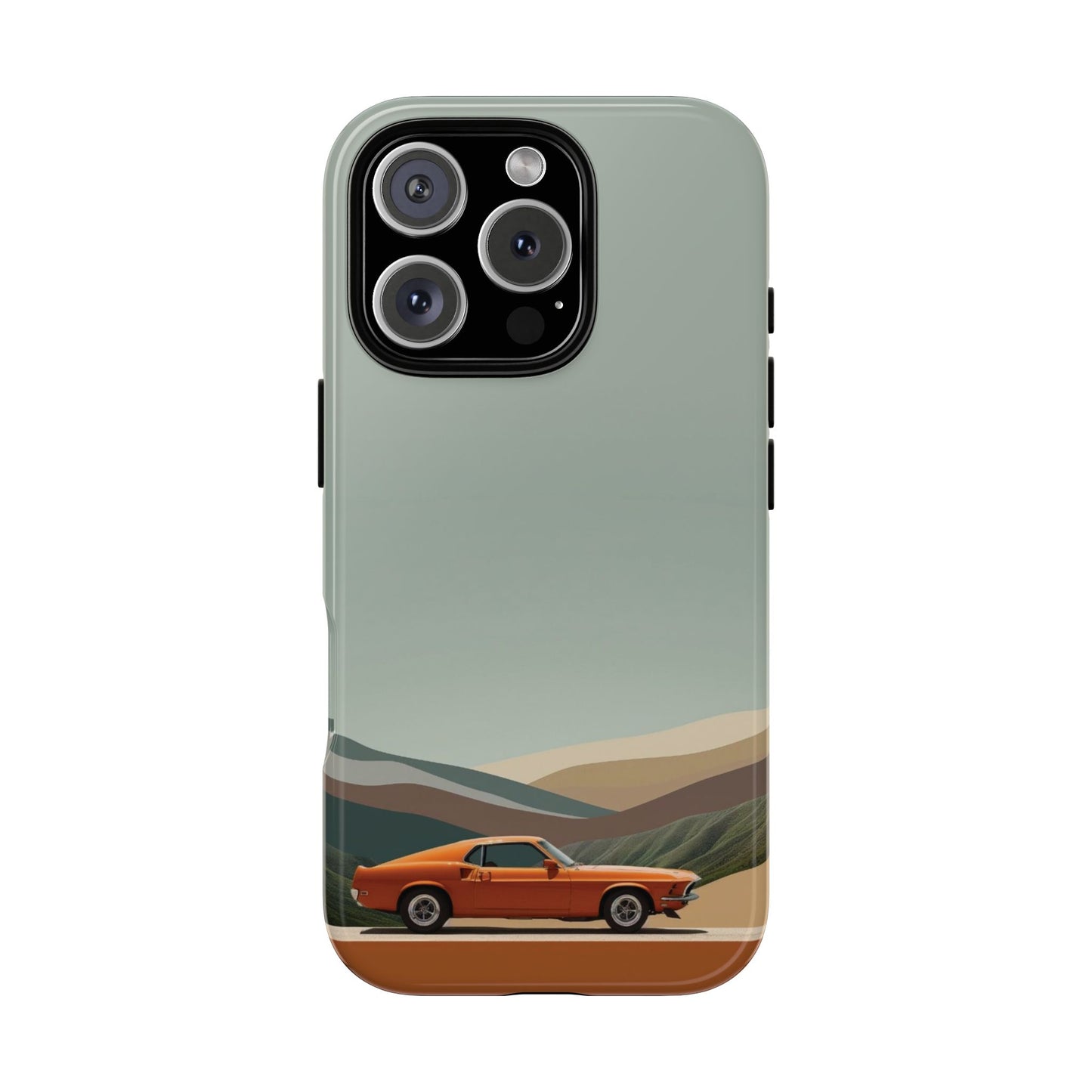 Retro Orange Car Phone Case – Vintage Muscle Car Design with Scenic Mountain Backdrop