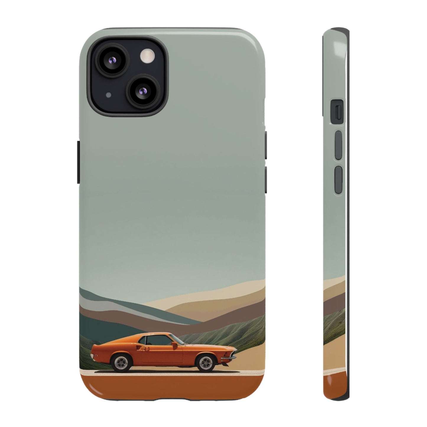Retro Orange Car Phone Case – Vintage Muscle Car Design with Scenic Mountain Backdrop