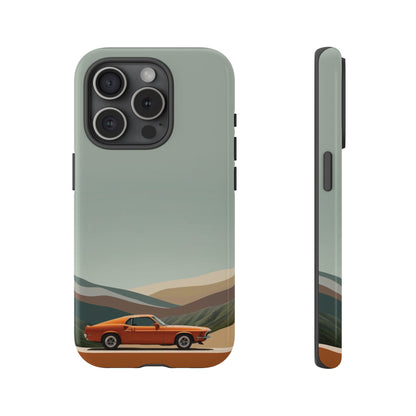 Retro Orange Car Phone Case – Vintage Muscle Car Design with Scenic Mountain Backdrop
