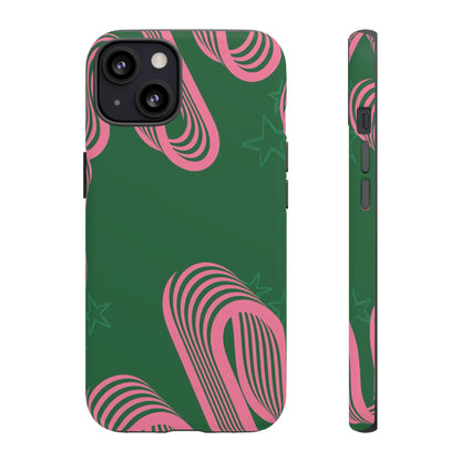 Green & Pink Abstract Phone Case – Retro 3D Line Art Design