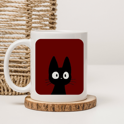Cute Black Cat Mug – Minimalist Red & White Ceramic Coffee Cup