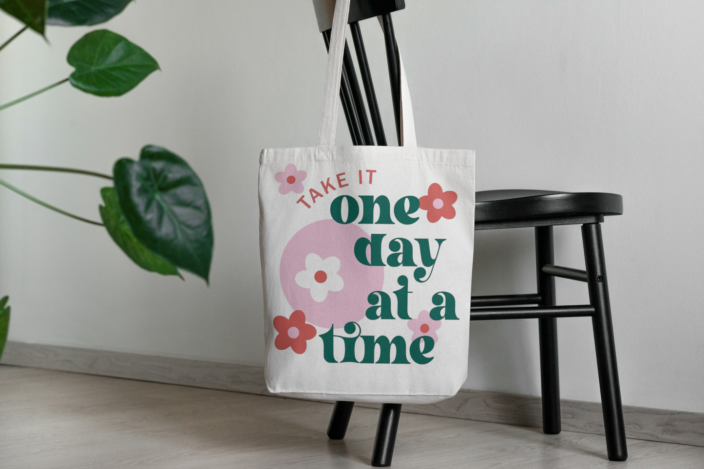 One Day at a Time Tote Bag | Motivational Floral Shopper