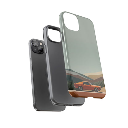 Retro Orange Car Phone Case – Vintage Muscle Car Design with Scenic Mountain Backdrop