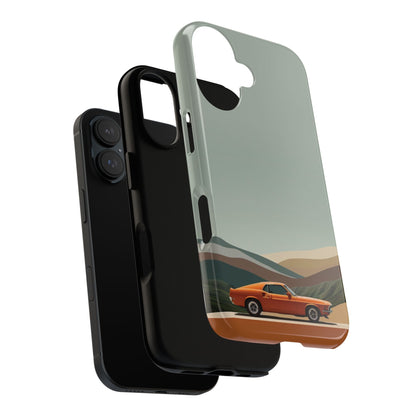 Retro Orange Car Phone Case – Vintage Muscle Car Design with Scenic Mountain Backdrop