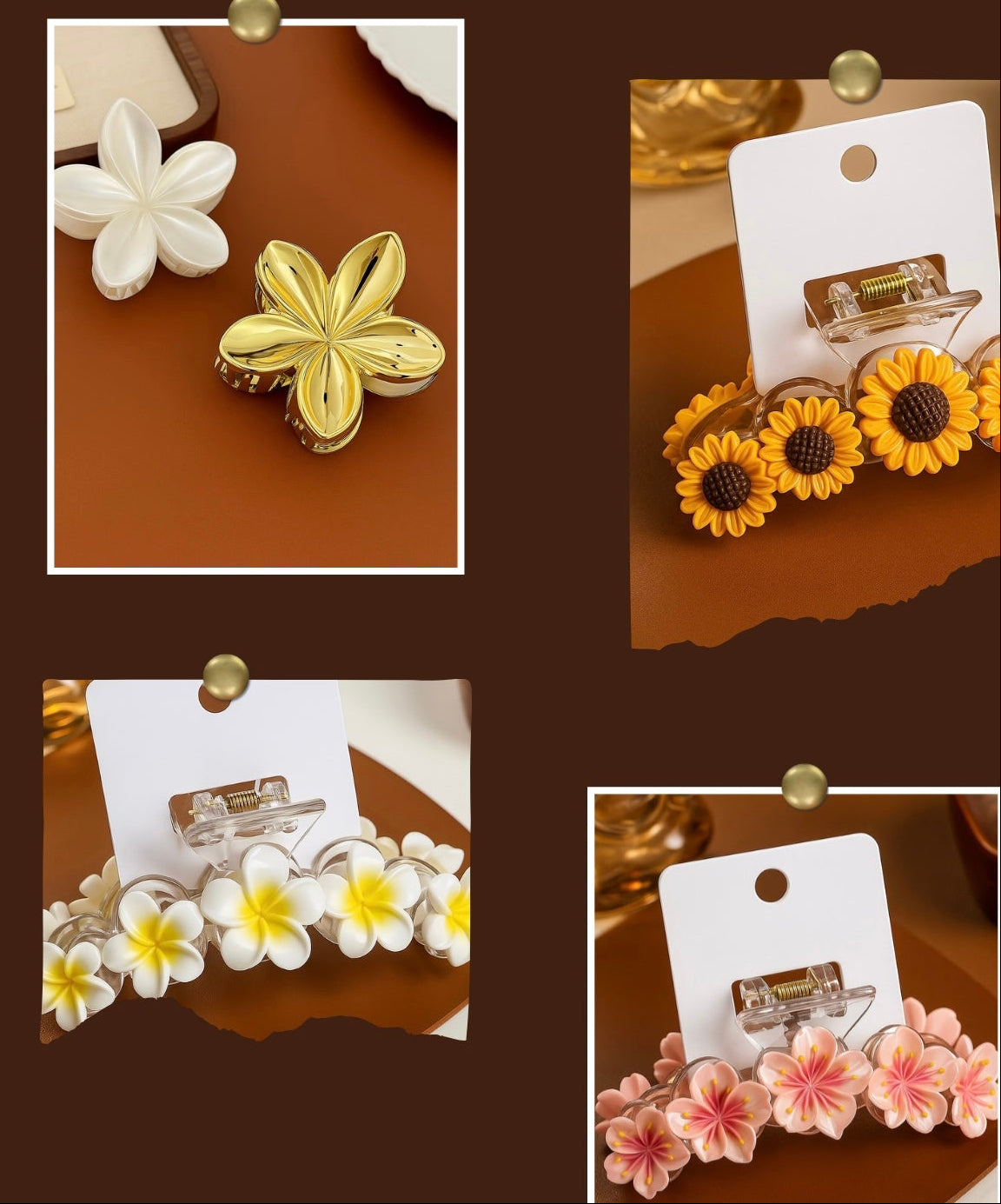 Collage of floral hair clips on a brown background with 'NEW COLLECTION' text.
