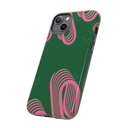 Green & Pink Abstract Phone Case – Retro 3D Line Art Design