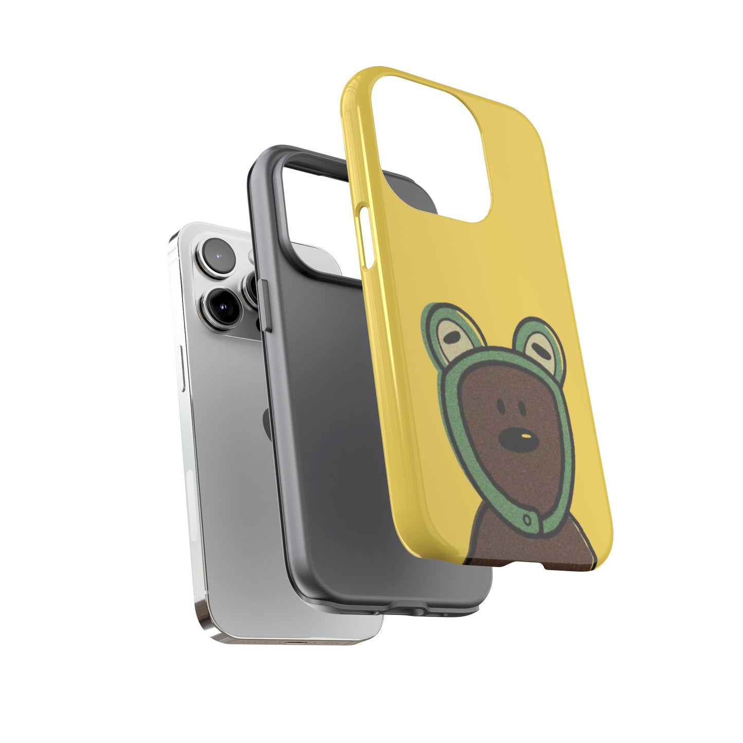 Cute Bean Phone Case – Yellow Background with Frog Hoodie Bear Design