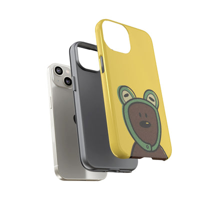 Cute Bean Phone Case – Yellow Background with Frog Hoodie Bear Design