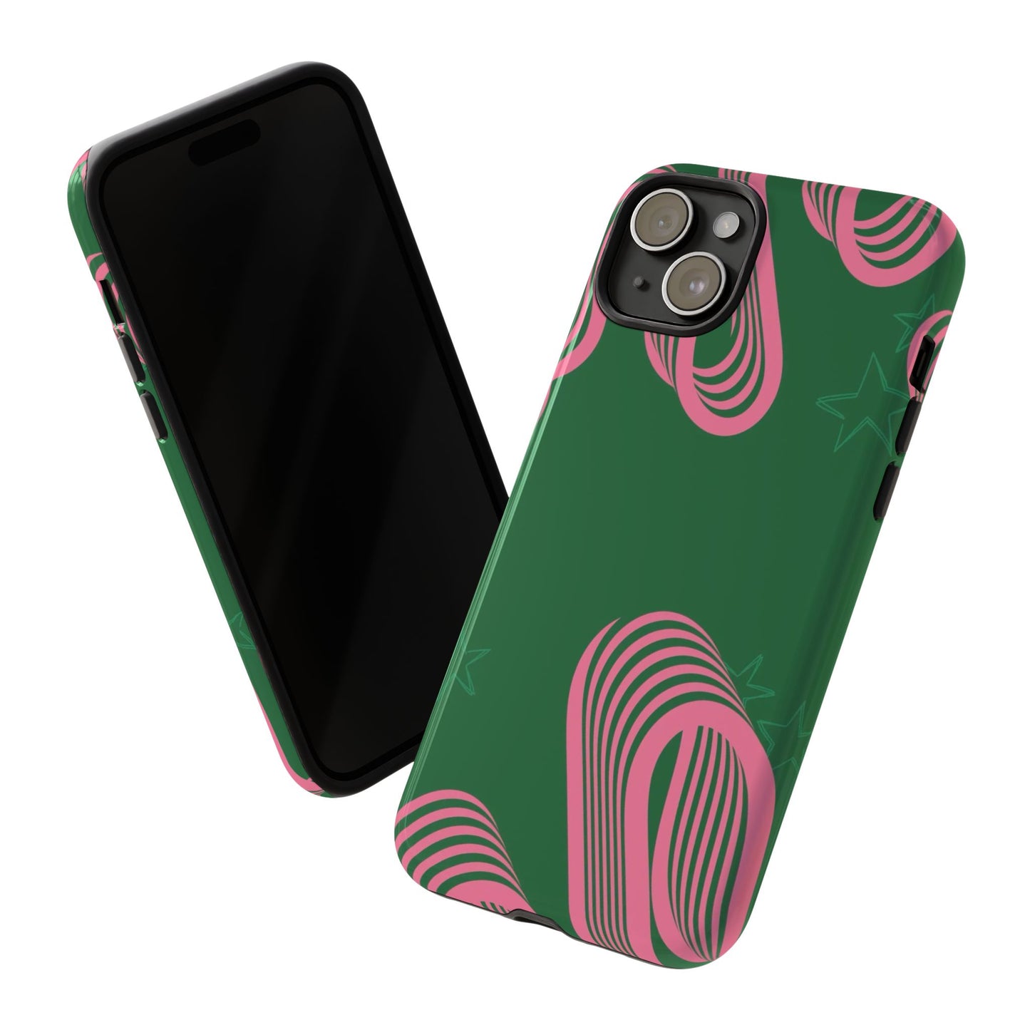 Green & Pink Abstract Phone Case – Retro 3D Line Art Design