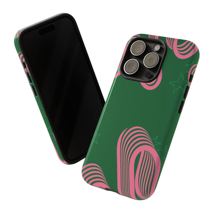 Green & Pink Abstract Phone Case – Retro 3D Line Art Design