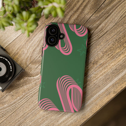 Green & Pink Abstract Phone Case – Retro 3D Line Art Design