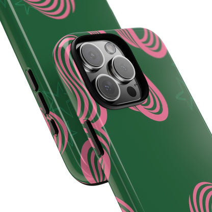Green & Pink Abstract Phone Case – Retro 3D Line Art Design