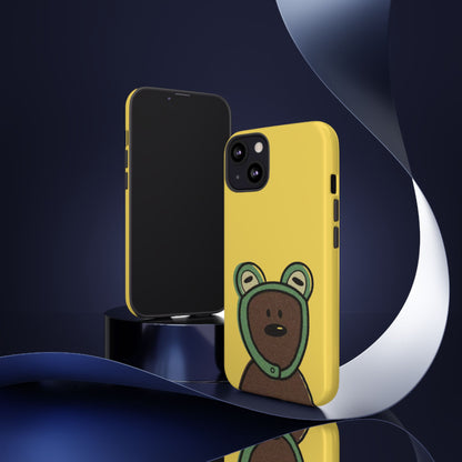 Cute Bean Phone Case – Yellow Background with Frog Hoodie Bear Design
