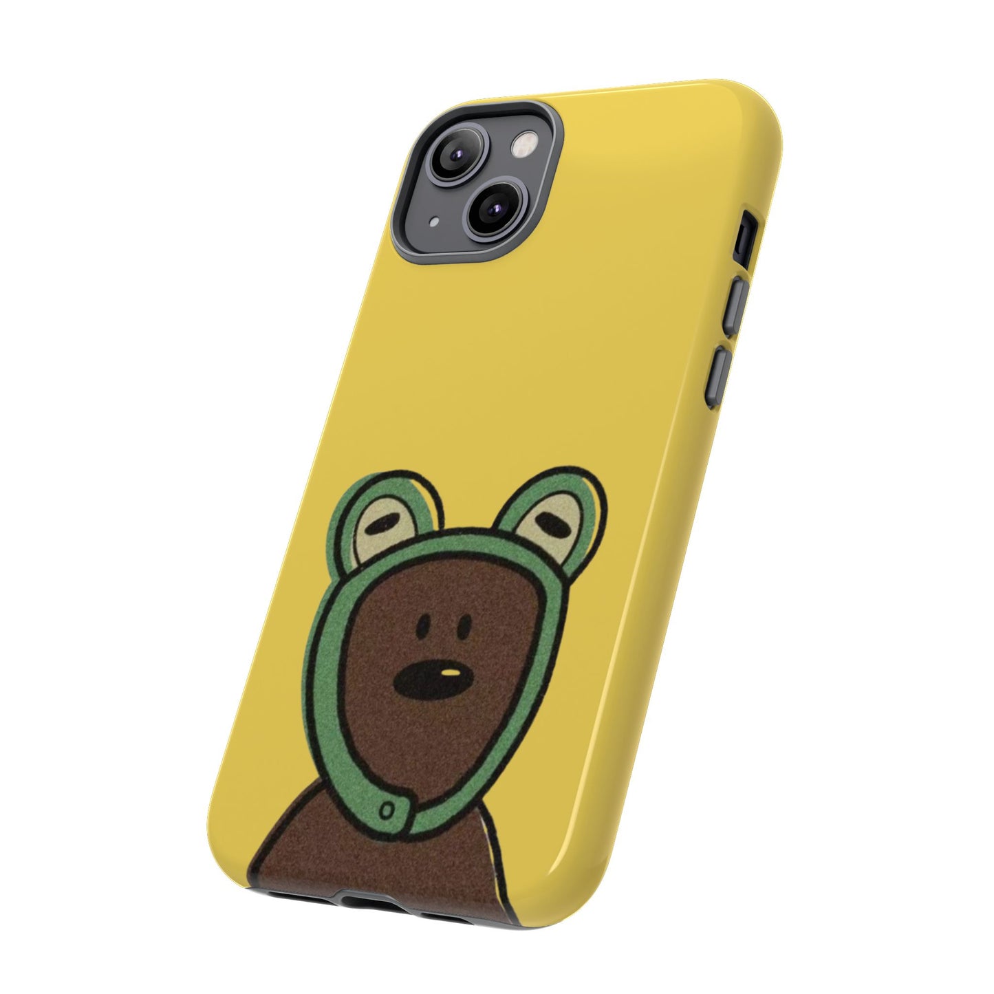 Cute Bean Phone Case – Yellow Background with Frog Hoodie Bear Design